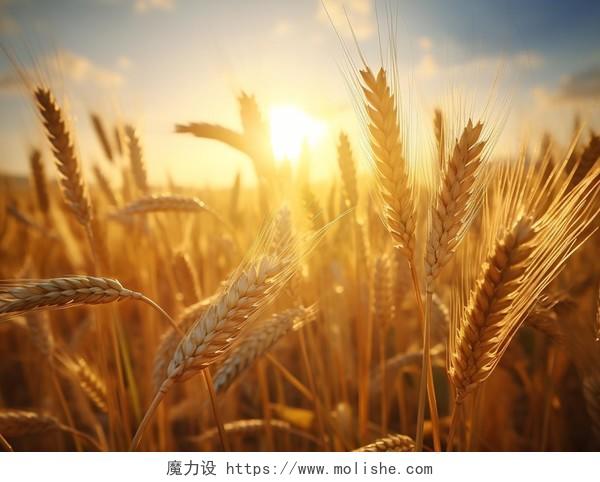 阳光照耀下的立秋成熟麦穗特写粮食丰收的秋天